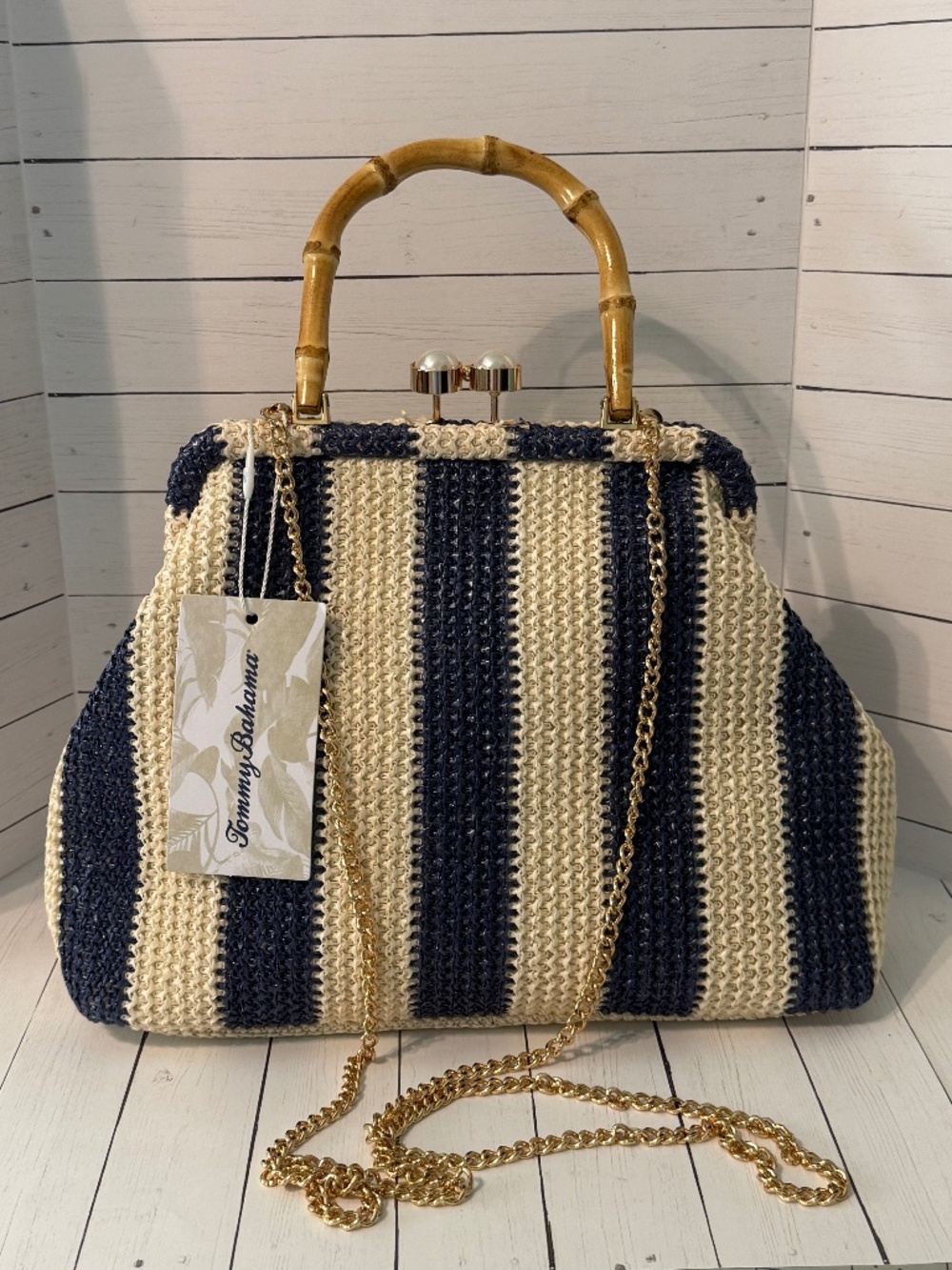 NWT Tommy Bahama Navy Ivory Woven Bamboo Top Handle or Crossbody Bag - Picture 2 of 6